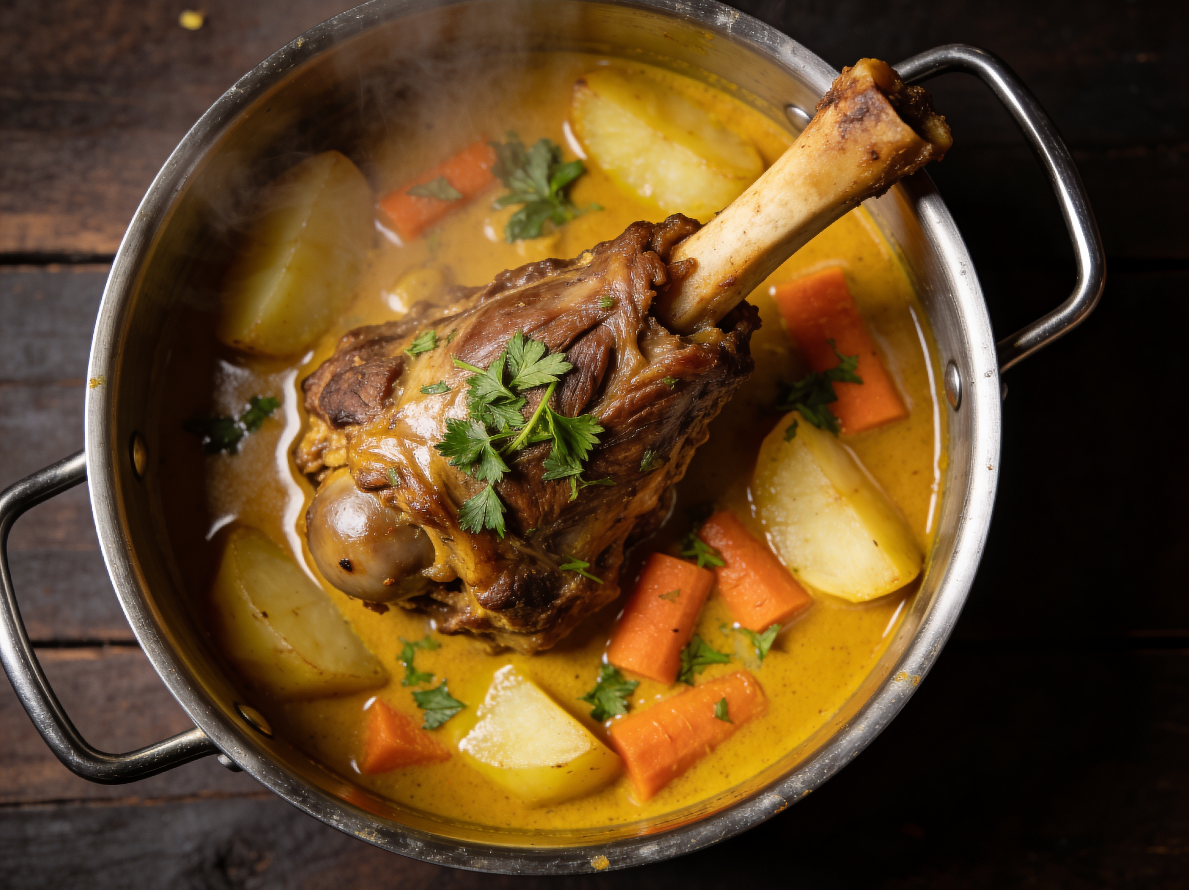 Slow-cooked lamb stew with potato wedges and carrots